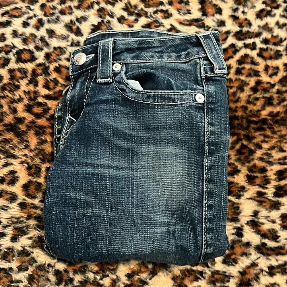 Y2K True Religion Becky Blue Factory Distressed Denim Flare Jeans Festival